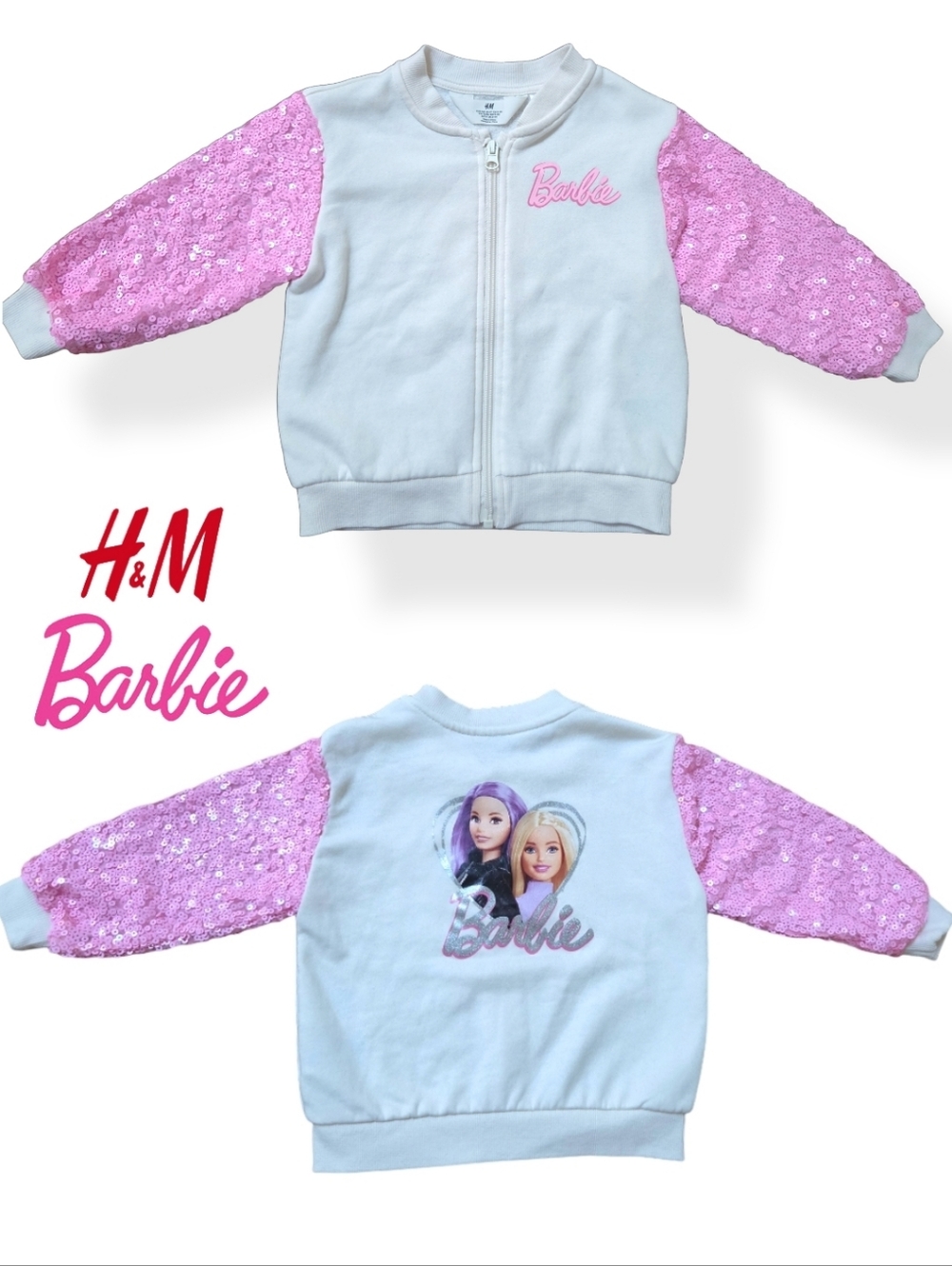 💖 H&M x Barbie Luxe Sequin Bomber Jacket W/ Pink Sparkle Sleeves | 3-4Y 4T NWOT